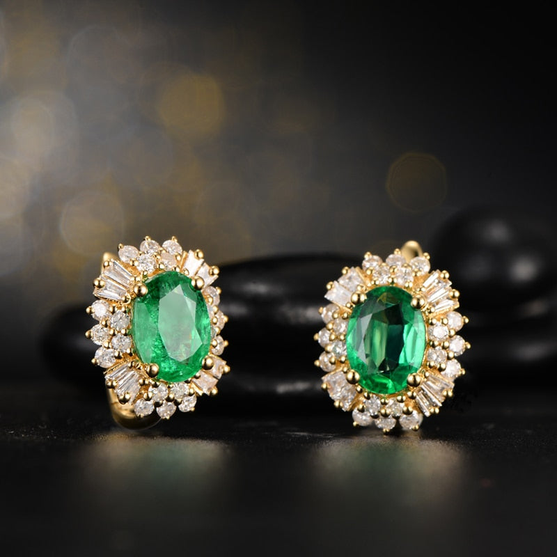 1.6 ct Natural Emerald 18KT/750 Yellow Gold 0.6 ct Round Cut Diamond Stud Earrings Jewelry Gemstone