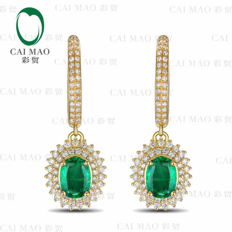 1.69 ct Natural Emerald 18KT/750 Yellow Gold 0.78 ct Full Cut Diamond Earrings Jewelry Gemstone