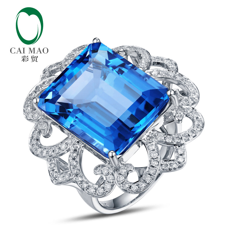 14KT/585 White Gold 22.68ct Natural Blue Topaz & 0.63 ct Round Cut Diamond Engagement Gemstone Ring Jewelry