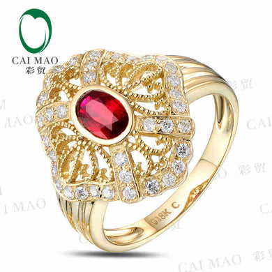 18KT/750 Yellow Gold 0.65 ct Natural Red Blood Ruby & 0.40 ct Round Cut Diamond Engagement Gemstone Ring Jewelry
