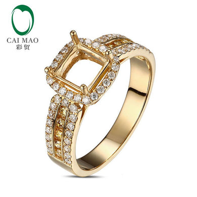 6.0mm Cushion Cut 14k Yellow Gold Full Cut Diamond Engagement Semi Mount Ring