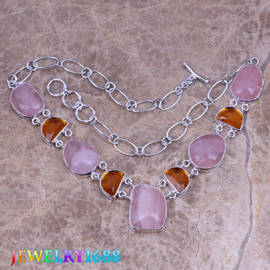 Captivating Pink Natural Stone Brown Morganite 925 Sterling Silver Grade Necklace L555