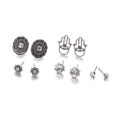 Orecchini con fiori intagliati Set di gioielli da donna Argento antico Colore Hollow Fatima Mano Perline di cristallo Orecchini con strass 5 paia 