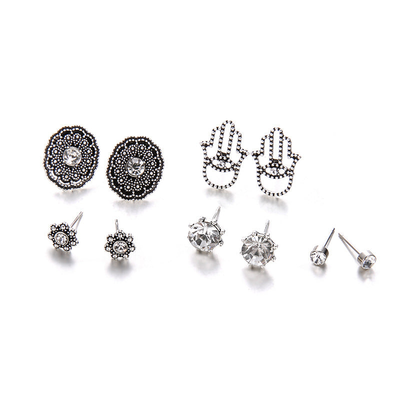 Carved Flower Earrings Set Jewelry Women Antique Silver Color Hollow Fatima Hand Crystal Beads Rhinestone Stud Earrings 5 pairs
