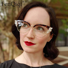 Load image into Gallery viewer, Cat Eye Rose Petal Color Half Frame Rhinestone  Designer Glasses UV400 Prescription Glasses Unisex Computer Glasses