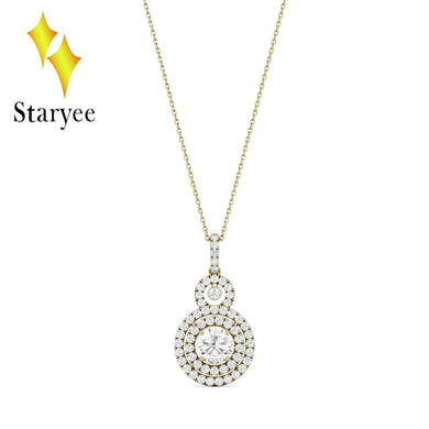 Certified Charles Colvard One Carat 1ct Round Brilliant Cut Moissanite Double Halo Necklace in Real 18K Solid Yellow Gold Gift
