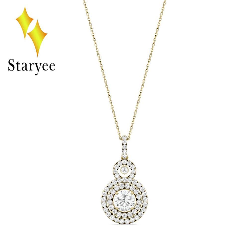 Certified Charles Colvard One Carat 1ct Round Brilliant Cut Moissanite Double Halo Necklace in Real 18K Solid Yellow Gold Gift