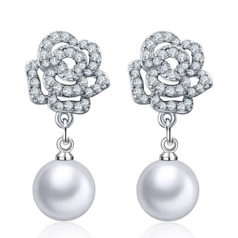 Fascino Moda Semplice Gioielli a forma di rosa Perla Elegante Cristallo Fresco Orecchini a bottone per le donne Matrimonio e compleanno Natale carino 