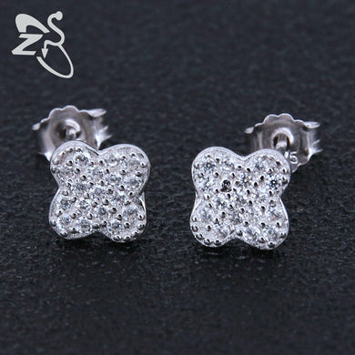 Charming Clover Design Crystal Female Girl Stud Earrings 925 Sterling Silver Ear Piercing Small For Lady Bride Bijoux Accessory