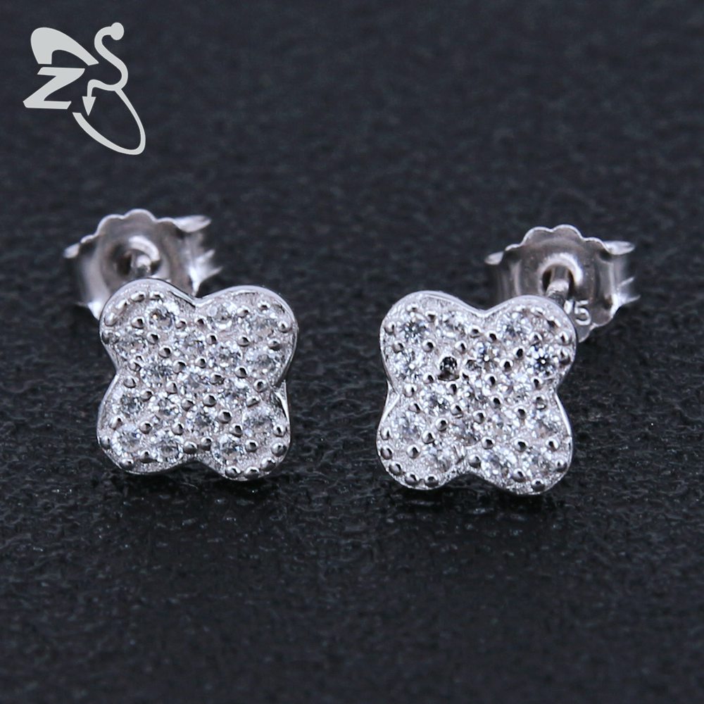 Orecchini a bottone in cristallo per ragazza femminile con design affascinante a forma di trifoglio, piercing all'orecchio in argento sterling 925, piccolo per accessorio bijoux da sposa 