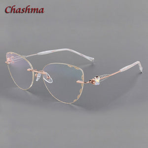 Chashma Cat Eye  Titanium Prescrpiton Glasses Diamond Women Rimless Optical Frames Tint Colored Lenses