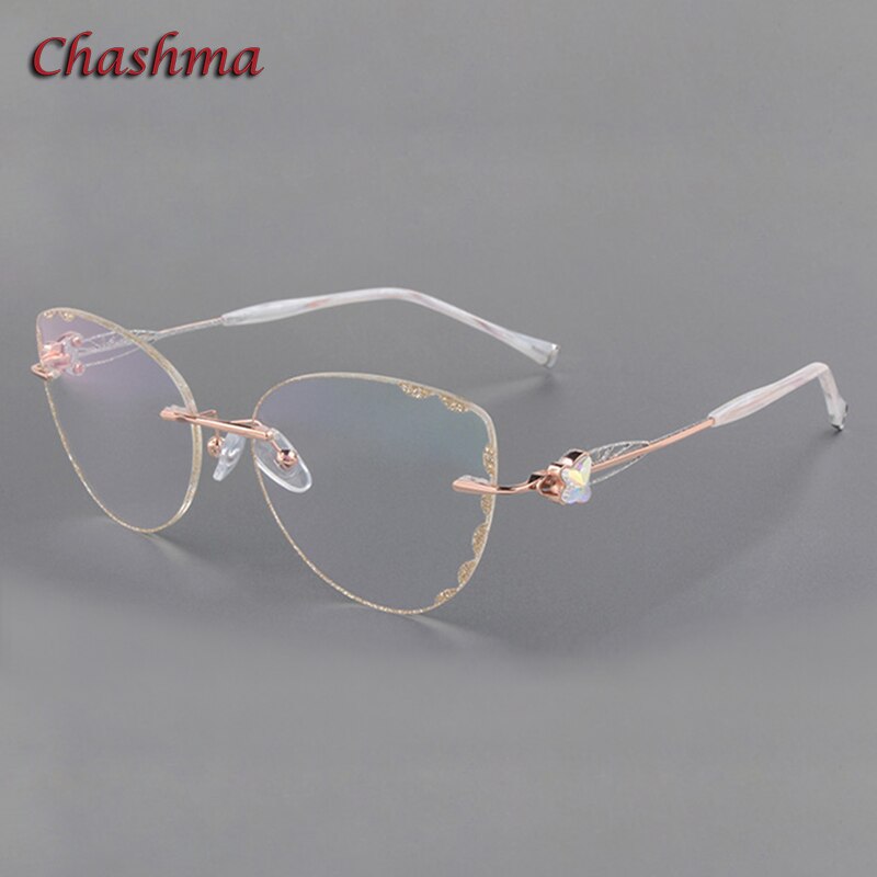 Chashma Cat Eye  Titanium Prescrpiton Glasses Diamond Women Rimless Optical Frames Tint Colored Lenses