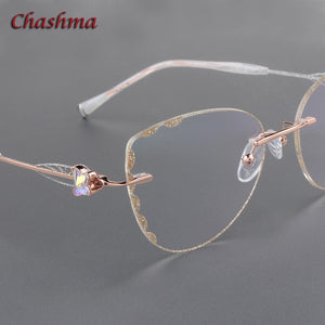 Chashma Cat Eye  Titanium Prescrpiton Glasses Diamond Women Rimless Optical Frames Tint Colored Lenses