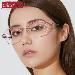 Chashma  Tint Lenses Myopia Glasses Reading Glasses Sunglasses Diamond Cutting Rimless Titanium Glasses Frame for Women