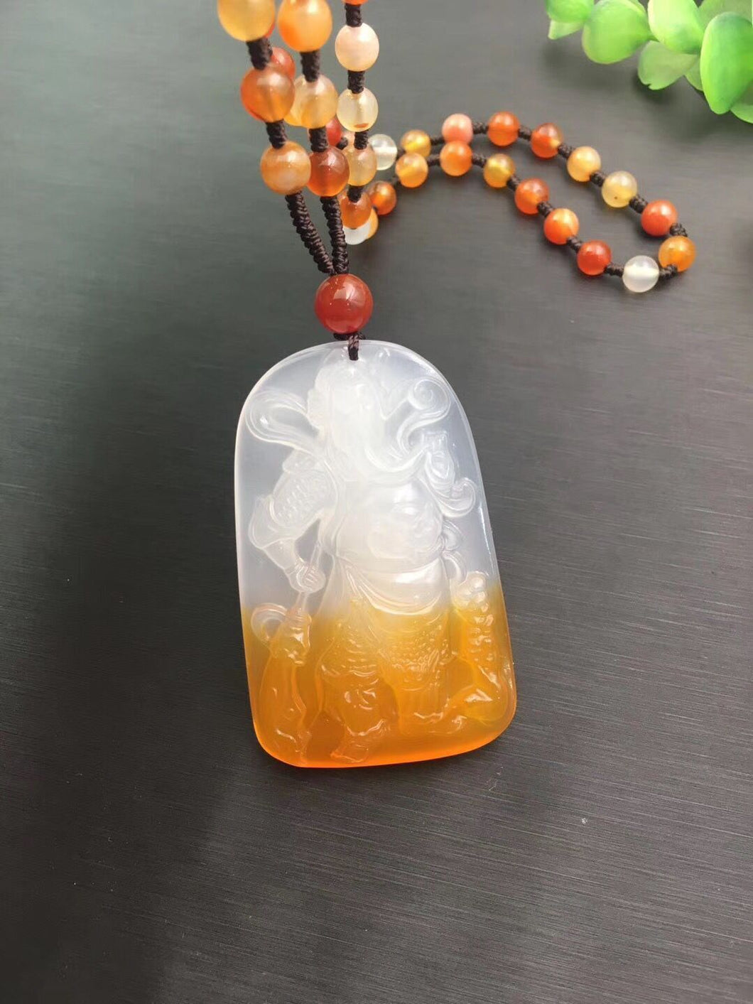 China Unique Natural Red And White Agate Carved Guan Yu Necklace Pendant Wholesale