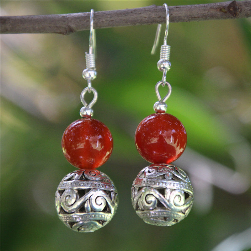 Chinese Style Handmade Jewelry Female Tibetan Silver Earring Ball Hollow Craft High Quality Red Chalcedony Original Design