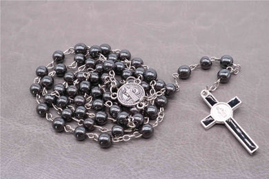 Classic 6mm Christian hematite rosary necklace. Black rosary cross pendant necklace, fashion classic prayer chain