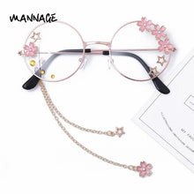 Load image into Gallery viewer, Classic Cosplay Glasses Frame Round Lens Flat Optical Mirror Simple Metal Glasses Frame with Pendant Rhinestone Decor