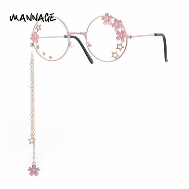 Classic Cosplay Glasses Frame Round Lens Flat Optical Mirror Simple Metal Glasses Frame with Pendant Rhinestone Decor