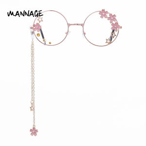 Classic Cosplay Glasses Frame Round Lens Flat Optical Mirror Simple Metal Glasses Frame with Pendant Rhinestone Decor