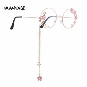 Classic Cosplay Glasses Frame Round Lens Flat Optical Mirror Simple Metal Glasses Frame with Pendant Rhinestone Decor