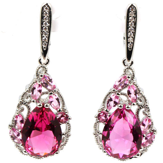 Classic Drop Shape Pink Tourmaline, White CZ Woman's Wedding 925 Earrings 44x15mm