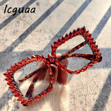 Classic Oversize Square Sunglasses Handmade Optical  Glasses Bling Tip Crystal Eye Wear Steampunk Sunglasses Oculos de sol