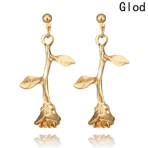 Classic Romantic Handmade Gold Color Rose Flower Earrings Delicate Metal Leaf Dangle Earring For Women Romantic Female Jewelry