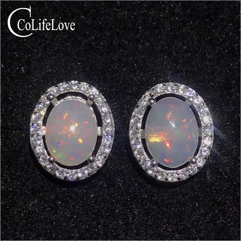 Classic opal silver earrings oval cut natural opa stud earrings sterling silver opal jewelry gift for woman