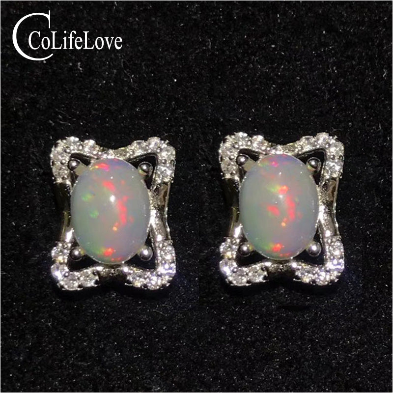 Classic opal silver earrings oval cut natural opa stud earrings sterling silver opal jewelry gift for woman