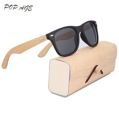 Classical Wooden Sunglasses, Black Plastic Frame Gray UV400 HD Lens Sun Glasses Wood Arm Retro UV400 Bamboo Sunglasses with Logo