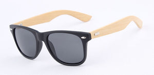 Classical Wooden Sunglasses, Black Plastic Frame Gray UV400 HD Lens Sun Glasses Wood Arm Retro UV400 Bamboo Sunglasses with Logo