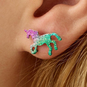 Colorful Glitter Unicorn Earrings For Women Men Silver Color Animal Horse Stud Earring Party Jewelry Bling Bling Ear Accessories