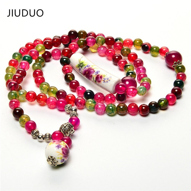 Colorful long necklace ceramic beads ethnic women dress accessories natural round beads Agate Crystal precious stone