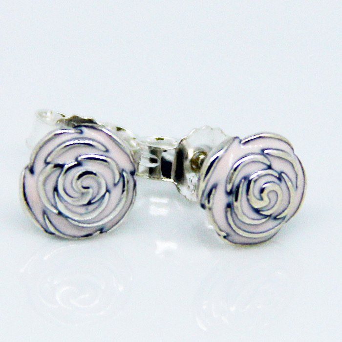 Compatible With European Jewelry Rose Garden Stud Earrings With Pink Enamel 100% 925 Sterling Silver Jewelry DIY Wholesale E001