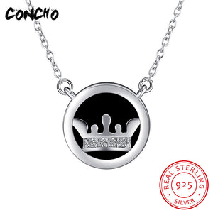 Jewelry 925 Sterling Silver Crown Black Agate Necklace For Women Party Gift 2018 Trendy Charms Pendant Necklaces Jewelry