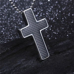 Co Summer Style for Locomotive Man Black Tungsten Cross Necklace Pendant with Carbon Fiber Free Stainless Steel Ball Chain