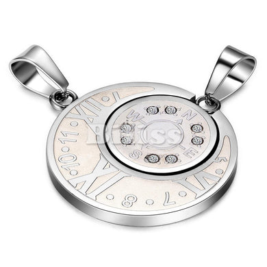 Couples 2 pcs Stainless Steel Round Pendant Necklace Lover's Roman Numerals with Compass Design 2 Chains Silver Gold Blue Colors
