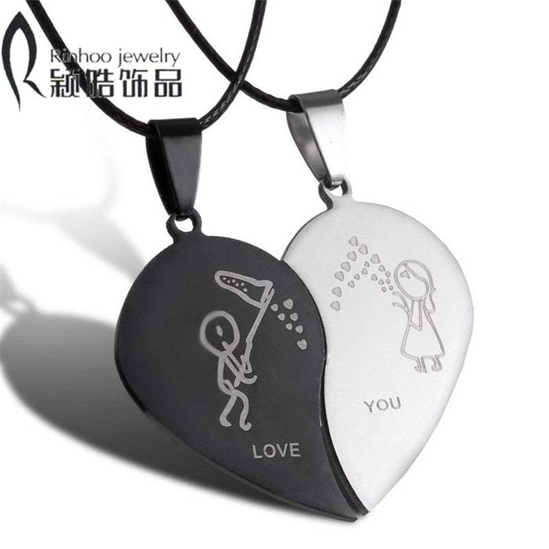 Couples Jewelry Broken Heart Necklaces Black Couple Necklace Stainless Steel Engrave Love You Pendants Necklace Valentine's Day