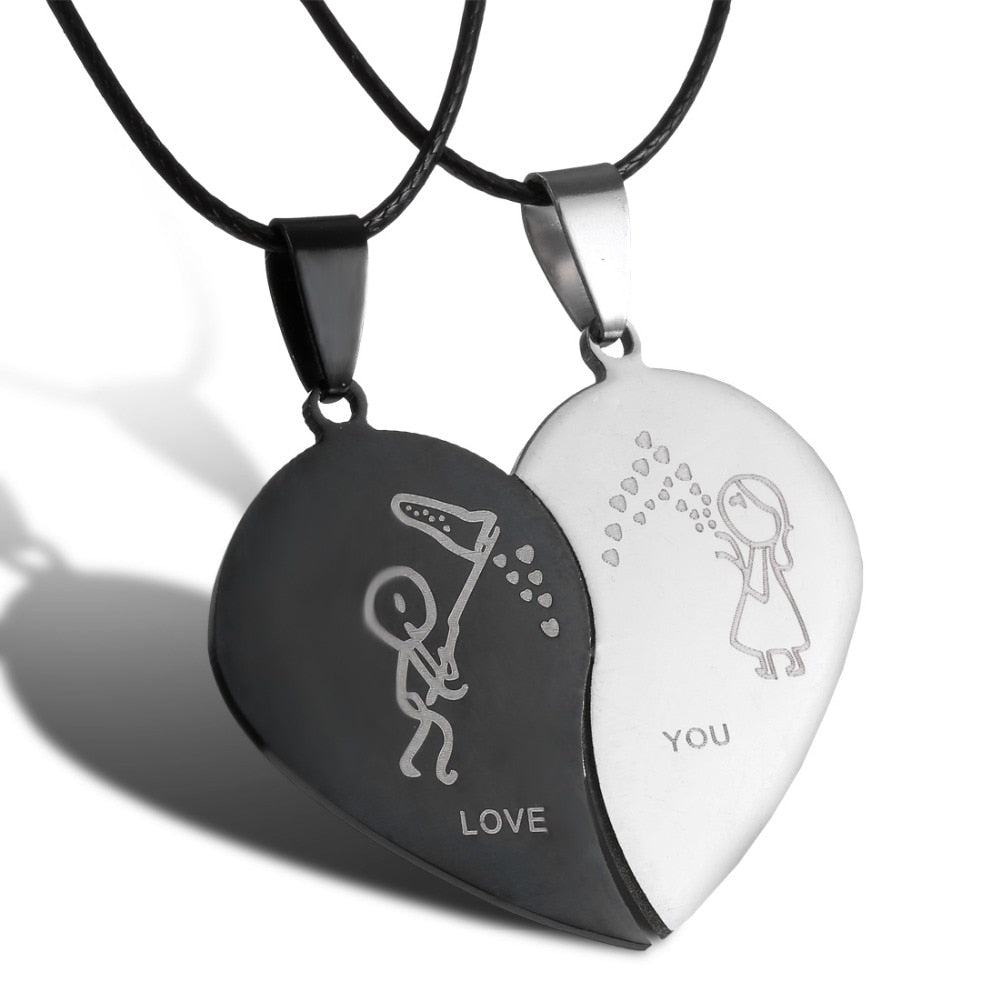 Couples Jewelry Broken Heart Necklaces Black Couple Necklace Stainless Steel Engrave Love You Pendants Necklace