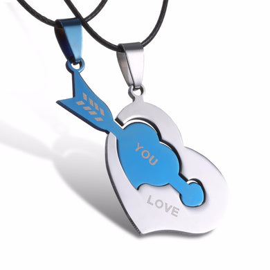 Couples Pendant Necklaces For Love Women Men Black Cord of Leather Stainless Steel Puzzle Blue Arrow Heart Necklace Jewelry
