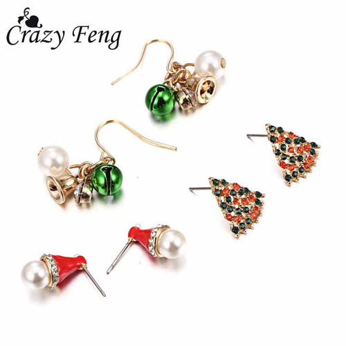 2017 Cute Earring Sets Christmas Jewelry Gifts 3Pairs Rhinestone Bell Christmas Tree Earring Brinco Bijoux For Women