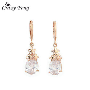 Drop Shipping Women Rose Gold-color Ear Pendientes Clear CZ Crystal Flower Pierced Dangle Drop Earrings Jewelry Gifs