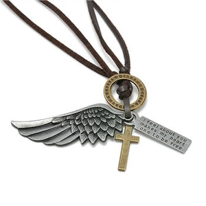 Creative Men's Women's Jewelry Vintage Cross Angel Wing Pendant Necklace Long Leather Necklace Charms