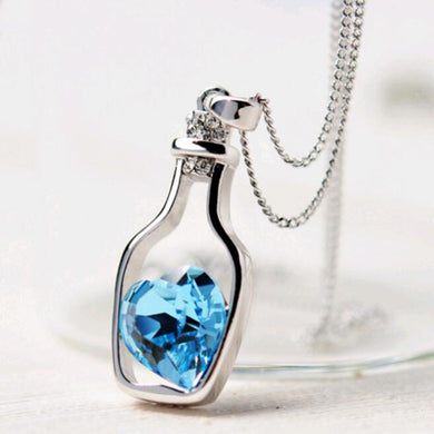 Creative Women Fashion Necklace Ladies Popular Style Love Drift Bottles Pendant Necklace Blue Heart Crystal Pendant Necklace