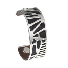 Carica l'immagine nel visualizzatore di Gallery, Plam Tree Bangle Arm Cuff Leather Bracelet Stainless Steel Bracelet Argent Interchangeable Reversible 25mm Leather Band