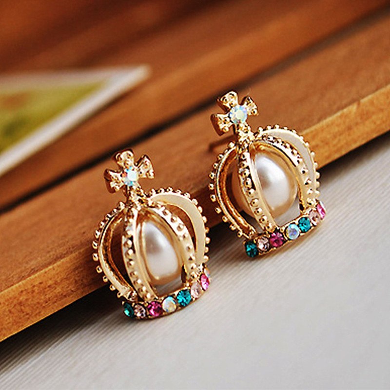 Cross Crown Stud Earrings Colorful Crystal Charm Earring Simulated Pearls Bijoux Brincos HOT Selling Women Gift
