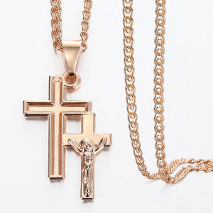 Cross Crucifix Clear Crystal Pendant Necklace for Men Women 585 Rose Gold Prayer Jesus Snail Link Chain Wholesale Jewelry GPM26