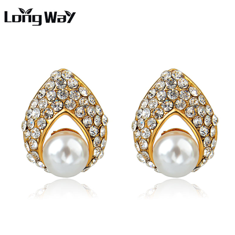 Crystal Imitation Pearl Jewelry Pendientes Vintage Gold Color Stud Earrings For Girls Bridal Wedding Teardrop Earrings SER150029