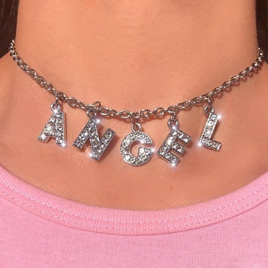 Crystal Letter Angel Necklace Gothic Simple Silver Color Shiny Rhinestones Link Chain Pedant Necklace Choker Collar Jewelry